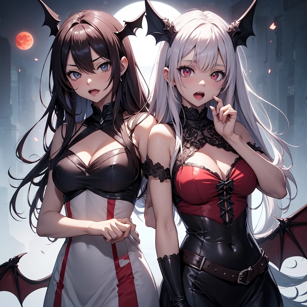 His chest was covered in blood、Anime girl with blood dripping from her chest, Gothic maxi dress,gothic girl anime, gapmoe Yandere grimdark, Devil anime girl, Shatia Bradfren, Bad guy anime 8k, Yandere intricate, portrait gapmoe Yandere grimdark, 1 Vampire girl, bloody + Concept Art, Yandere, Anime style 4k, Detailed digital anime art,With bat wings,(Tiger Teeth),(Open mouth and bite),(Correct finger),Red Moon