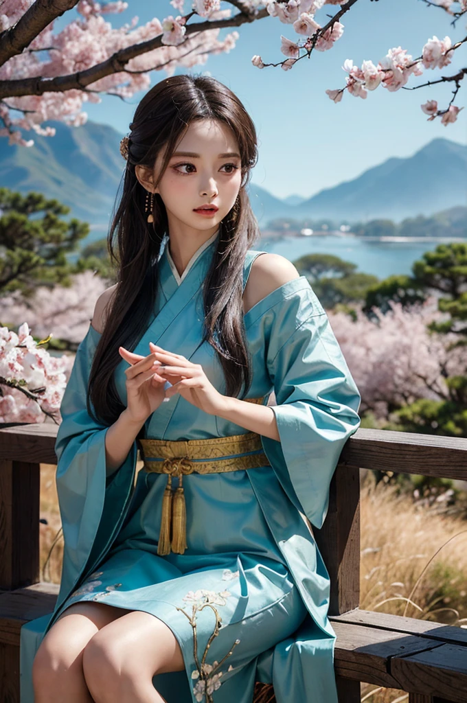 "Create an extreme high-quality, highly detailed artwork of Tzuyu from Twice, dressed in an elaborate and exquisite Hanfu. The Hanfu should be adorned with intricate embroidery, rich textures, and vibrant colors that reflect traditional Chinese artistry. She is seated gracefully, playing a Guzheng with delicate yet confident hands, each string resonating with a sense of serene power. The background is a serene ancient Chinese landscape, featuring a tranquil waterfall, mist-covered mountains, and blossoming cherry trees, all rendered with stunning realism and detail. To embody Wuxia elements, Tzuyu exudes an aura of quiet strength and elegance, with subtle hints of martial prowess—perhaps through her poised posture or the presence of ethereal wisps of energy swirling around her. Her expression is calm and focused, capturing both her mastery of the Guzheng and her readiness for action, merging the worlds of music and martial arts seamlessly."