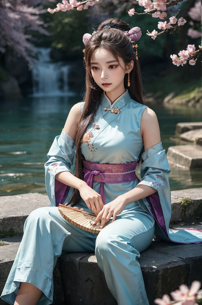 "Create an extreme high-quality, highly detailed artwork of Tzuyu from Twice, dressed in an elaborate and exquisite Hanfu. The Hanfu should be adorned with intricate embroidery, rich textures, and vibrant colors that reflect traditional Chinese artistry. She is seated gracefully, playing a Guzheng with delicate yet confident hands, each string resonating with a sense of serene power. The background is a serene ancient Chinese landscape, featuring a tranquil waterfall, mist-covered mountains, and blossoming cherry trees, all rendered with stunning realism and detail. To embody Wuxia elements, Tzuyu exudes an aura of quiet strength and elegance, with subtle hints of martial prowess—perhaps through her poised posture or the presence of ethereal wisps of energy swirling around her. Her expression is calm and focused, capturing both her mastery of the Guzheng and her readiness for action, merging the worlds of music and martial arts seamlessly."