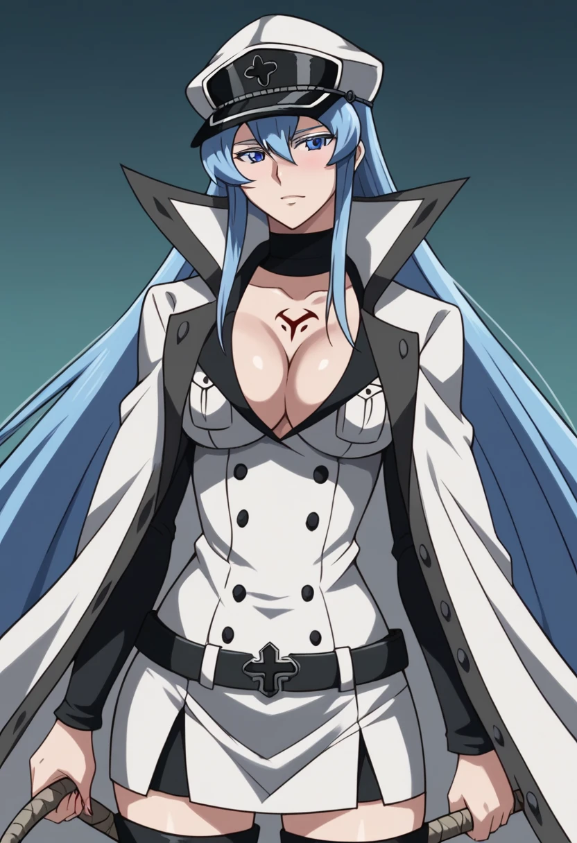 Esdeath, a tall and powerful female general with long blue hair, dressed in a white military uniform. She wears a white military hat with the empire's symbol, a long white coat with high collar draped over her shoulders, a tight white shirt, a short white skirt, and black stockings paired with knee-high black boots. She stands confidently with a whip in one hand and ice shards floating around her. Her piercing blue eyes reflect a mixture of dominance and seduction. Behind her, the dark and cold dungeon where she interrogates prisoners. Her uniform is partially unbuttoned, revealing her ample cleavage and toned body. The atmosphere is tense and charged with her commanding presence. (Detailed, realistic, high quality, 4K)