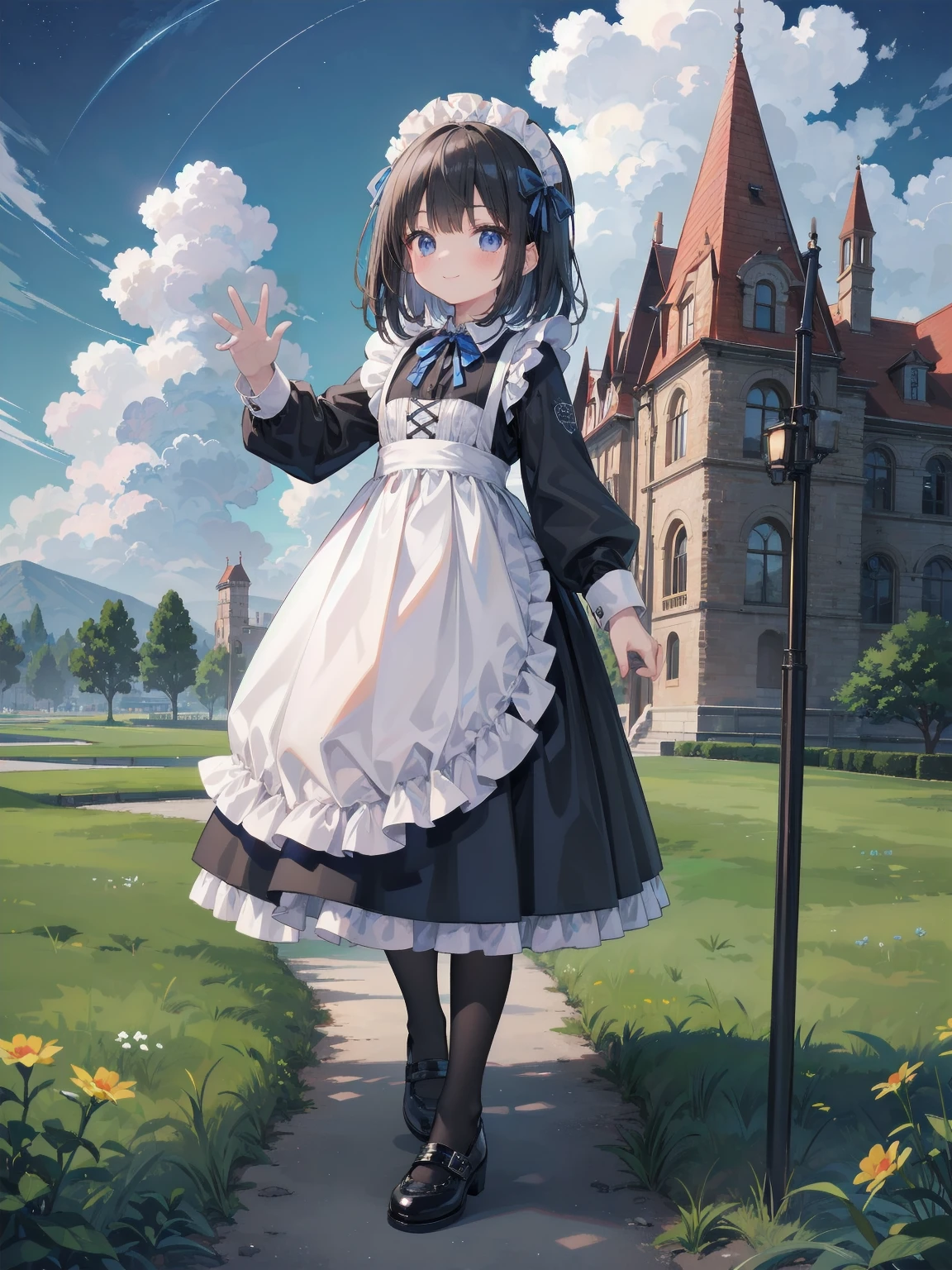 ((Very fine, Very fine CG Unity 8k Wallpaper, High Resolution, Absurd, Beautiful fine details, Very fine hair)), ((Masterpiece)), Outdoors, Sky, Clouds, Grass, ((Beautiful fine details)), Fashionable, One Girl, A  smiling under the stars, a toddler wearing a maid hat with ruby accessories, she is wearing a white and black gothic maid dress with navy blue ribbon. Black stockings, black shoes, cute, super cute toddler maid