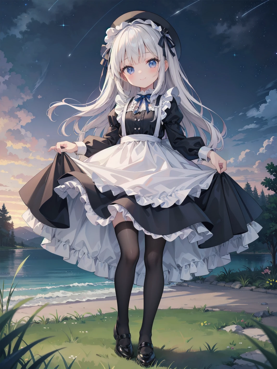 ((Very fine, Very fine CG Unity 8k Wallpaper, High Resolution, Absurd, Beautiful fine details, Very fine hair)), ((Masterpiece)), Outdoors, Sky, Clouds, Grass, ((Beautiful fine details)), Fashionable, One Girl, A smiling under the stars, a toddler wearing a maid hat with ruby accessories, she is wearing a white and black gothic maid dress with navy blue ribbon. Black stockings, black shoes, cute, super cute toddler maid