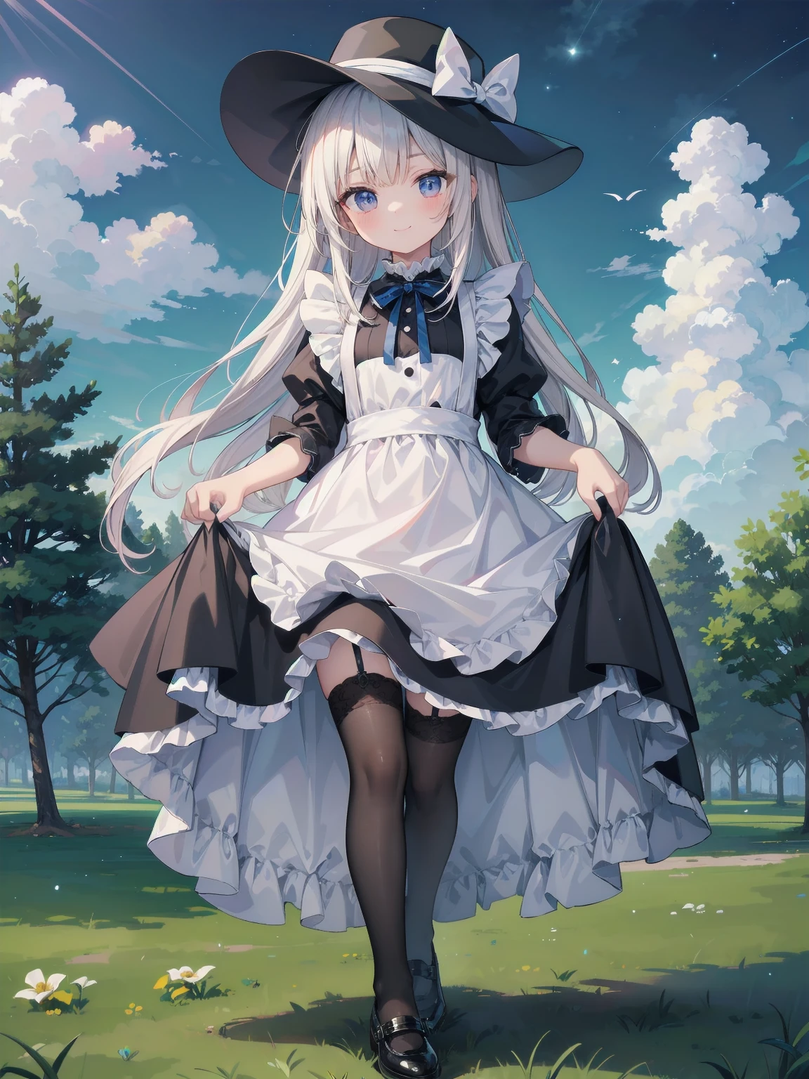 ((Very fine, Very fine CG Unity 8k Wallpaper, High Resolution, Absurd, Beautiful fine details, Very fine hair)), ((Masterpiece)), Outdoors, Sky, Clouds, Grass, ((Beautiful fine details)), Fashionable, One Girl, A smiling under the stars, a toddler wearing a maid hat with ruby accessories, she is wearing a white and black gothic maid dress with navy blue ribbon. Black stockings, black shoes, cute, super cute toddler maid