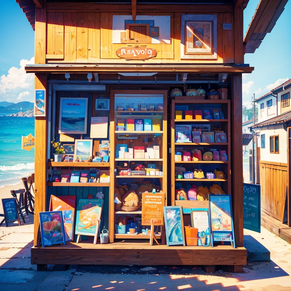 a souvenir shop by the sea, a beautiful seaside landscape, serene ocean, calm waves, sandy beach, seagulls flying, wooden pier, old-fashioned shop front, colorful souvenirs and trinkets, warm sunlight, vibrant colors, (best quality,4k,8k,highres,masterpiece:1.2),ultra-detailed,(realistic,photorealistic,photo-realistic:1.37),landscape,cinematic lighting,vibrant colors,detailed textures