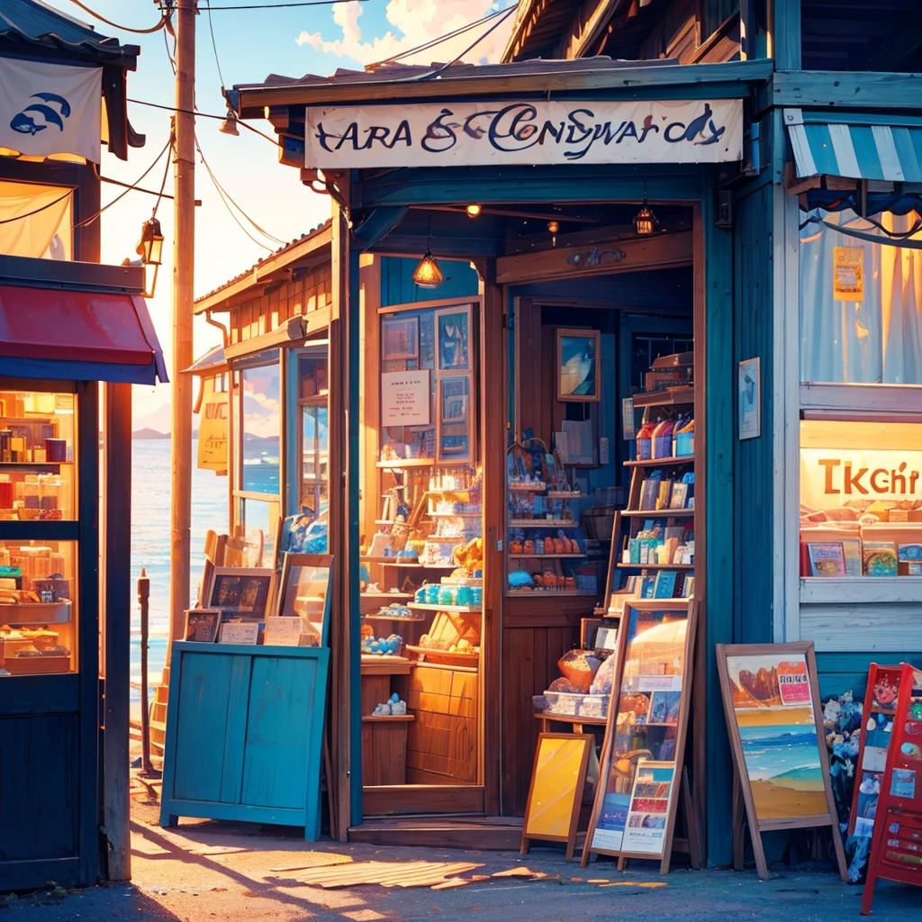 a souvenir shop by the sea, a beautiful seaside landscape, serene ocean, calm waves, sandy beach, seagulls flying, wooden pier, old-fashioned shop front, colorful souvenirs and trinkets, warm sunlight, vibrant colors, (best quality,4k,8k,highres,masterpiece:1.2),ultra-detailed,(realistic,photorealistic,photo-realistic:1.37),landscape,cinematic lighting,vibrant colors,detailed textures