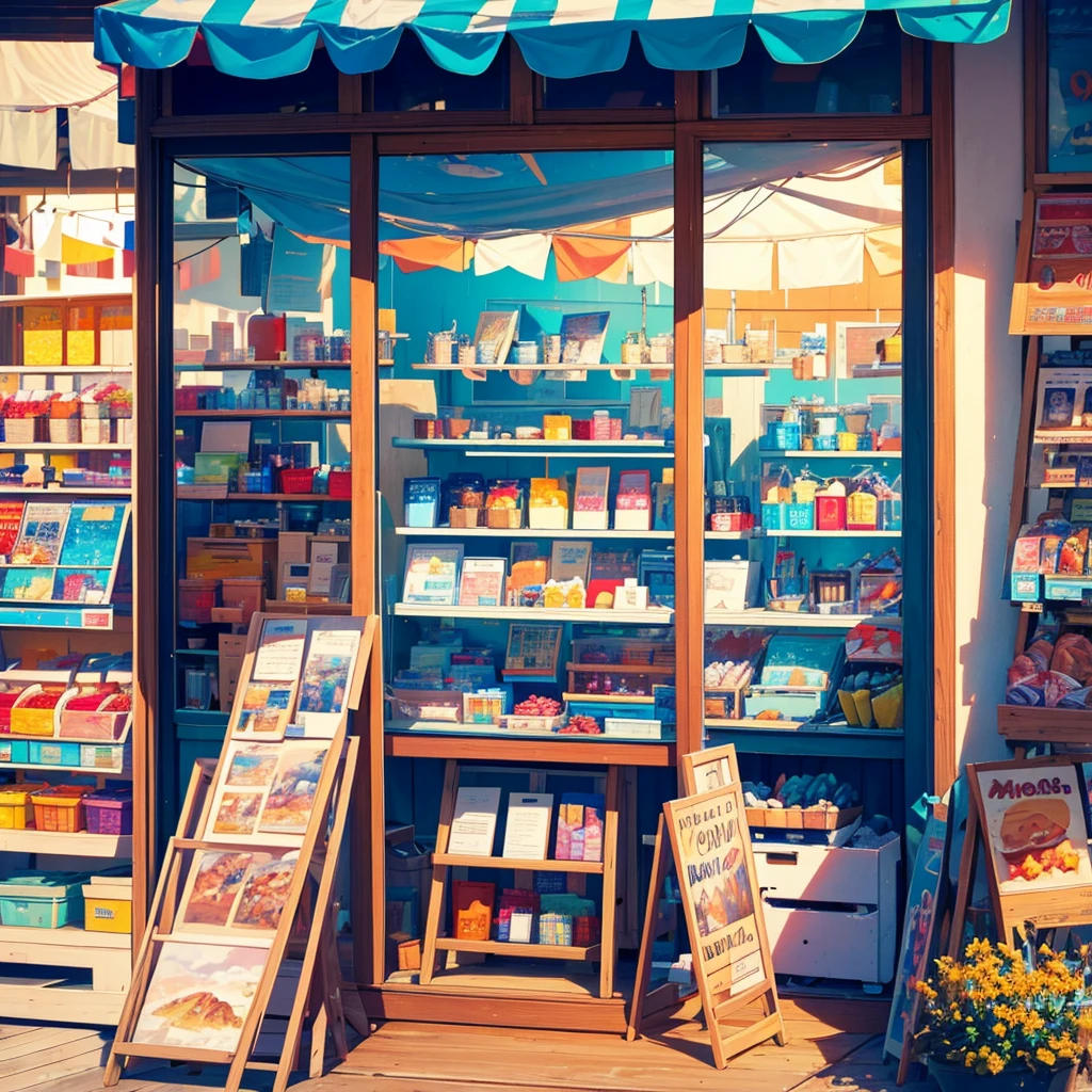 a souvenir shop by the sea, a beautiful seaside landscape, serene ocean, calm waves, sandy beach, seagulls flying, wooden pier, old-fashioned shop front, colorful souvenirs and trinkets, warm sunlight, vibrant colors, (best quality,4k,8k,highres,masterpiece:1.2),ultra-detailed,(realistic,photorealistic,photo-realistic:1.37),landscape,cinematic lighting,vibrant colors,detailed textures