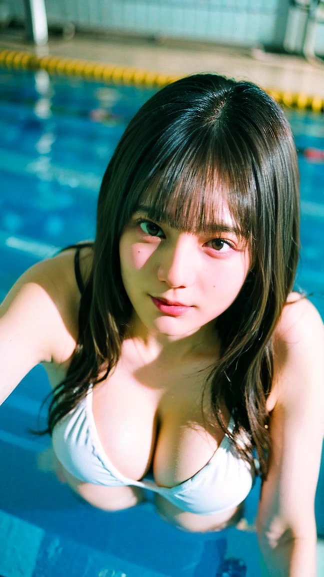 (16k、RAW Photos、highest quality、masterpiece:1.2)、(Realistic、Photorealistic)、1 girl、((White triangular bikini、Big Breasts、Cleavage、School swimming pool))、ahegao、rolling eyes、frustrated、Lots of eyelashes、Add shine to your eyelids、skeletally correct、Photo taken from above、