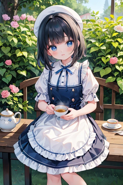 (8K, Highest quality, tableトップ:1.2)、Ultra-high resolution、14-year-old girl, Perfect Fingers, Detailed face, blue eyes, black hair, blunt bangs, Blue Apron Dress, garden, flower bed, (table:1.5), tea , Tea cup, cake, Sit on a chair