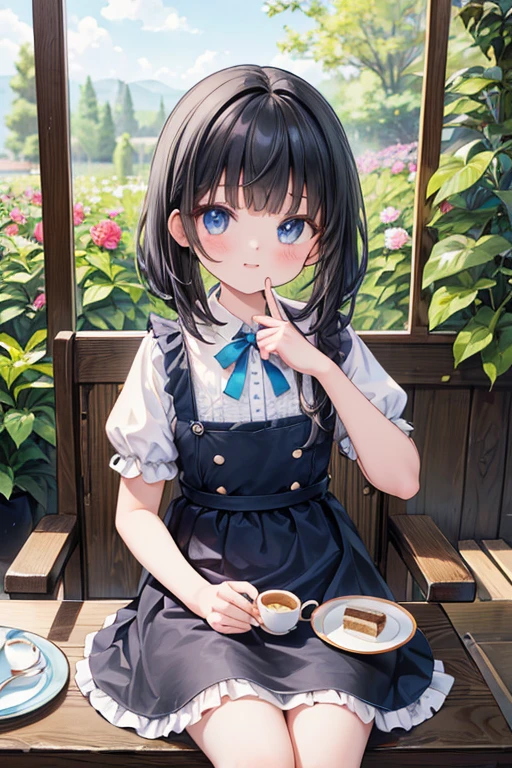 (8K, Highest quality, tableトップ:1.2)、Ultra-high resolution、14-year-old girl, Perfect Fingers, Detailed face, blue eyes, black hair, blunt bangs, Blue Apron Dress, garden, flower bed, (table:1.5), tea , Tea cup, cake, Sit on a chair