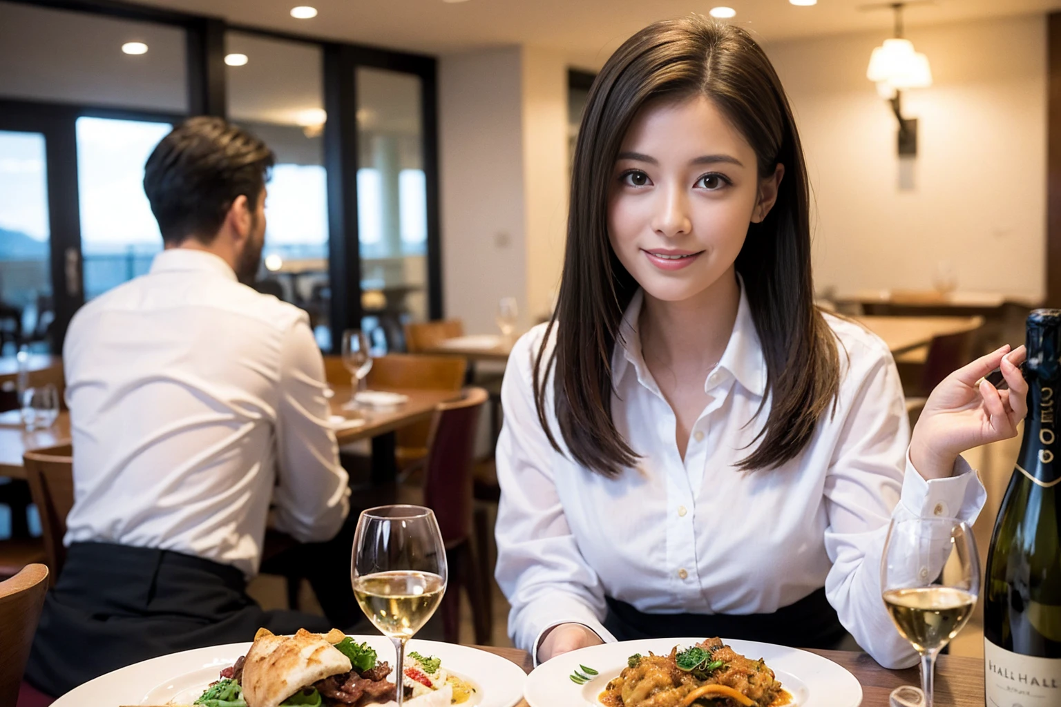 ((Highest quality、8K、masterpiece:1.3))、1 male、1 female、Satomi Ishihara、Beautiful couple、smile、full-course dinner、 (Slim face), (the body is スリム), (Brown Hair), (Shortcuts), ((Bob Hale、Straight hair:1.2)), テーブルの上のwine glass、Put the light on your face、 Amazing view of the sunset sky and clouds、smileの美しさ、Bright image、Blushing, Shortcuts, (43 years old), 39 years old, Appetizers、Italian food、Wine bottle、Champagne、sparkling wine、Long sleeve shirt、dress、Attractive beauty、restaurant, Nova Frog Style, actress, model, Upper Body, White wine, red wine, wine glass, 