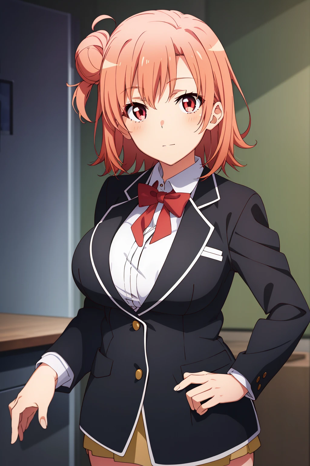 highest quality, High resolution, perfect pixel, Depth of the bounds written, 4k, beautiful anime girl, perfect body,
looking at the viewer,
Yuigahama Yui, short hair, hair buns,
large breast,
blazer, ,
cowboy shot,