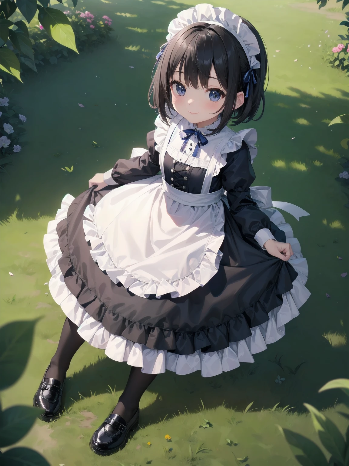 ((Very fine, Very fine CG Unity 8k Wallpaper, High Resolution, Absurd, Beautiful fine details, Very fine hair)), ((Masterpiece)), Outdoors, Sky, Clouds, Grass, ((Beautiful fine details)), Fashionable, One Girl, A  smiling under the stars, a ddler wearing a maid hat with ruby accessories, she is wearing a white and black gothic maid dress with navy blue ribbon. Black stockings, black shoes, cute, super cute toler maid