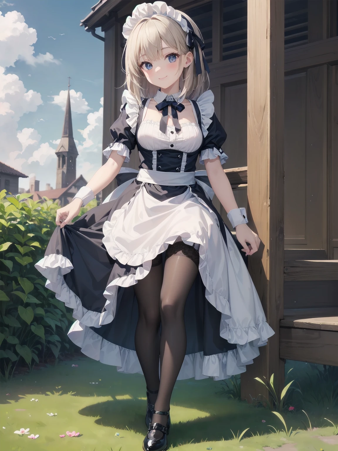 nyan2, 1girl, solo, <lora:sdxl-myk-nyan2-pony:0.9>, brown eyes, multicolored hair, yellow hair, short hair, long sideburns +++ Sitting, indian style ,foot focus (focus sole of foot), looking away, full body, contrapposto, dynamic pose, cinematic lighting, pupils sparkling, daytime, warm light sunset, rays light, sparkles, lens flare, deep shadows, depth of field, peerless, sentimental, mossy rock, forest, , , floating hair, florting leaves blooma, eyebrows visible through hair, choker, black maid dress, long dress, silver lace trim, white maid apron, frilled apron, maid headdress, waist apron, puffy sleeves, iridescence flower pattarn pantyhose , frills, garter straps, green rose flower hair ornament