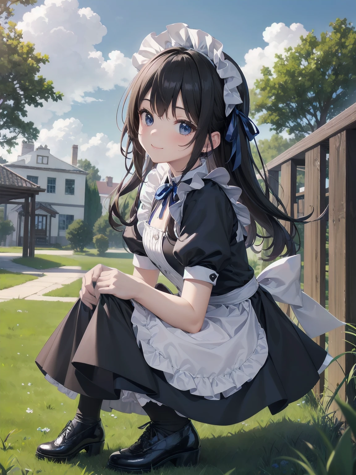 ((Very fine, Very fine CG Unity 8k Wallpaper, High Resolution, Absurd, Beautiful fine details, Very fine hair)), ((Masterpiece)), Outdoors, Sky, Clouds, Grass, ((Beautiful fine details)), Fashionable, One Girl, A  smiling under the stars, a ddler wearing a maid hat with ruby accessories, she is wearing a white and black gothic maid dress with navy blue ribbon. Black stockings, black shoes, cute, super cute toler maid