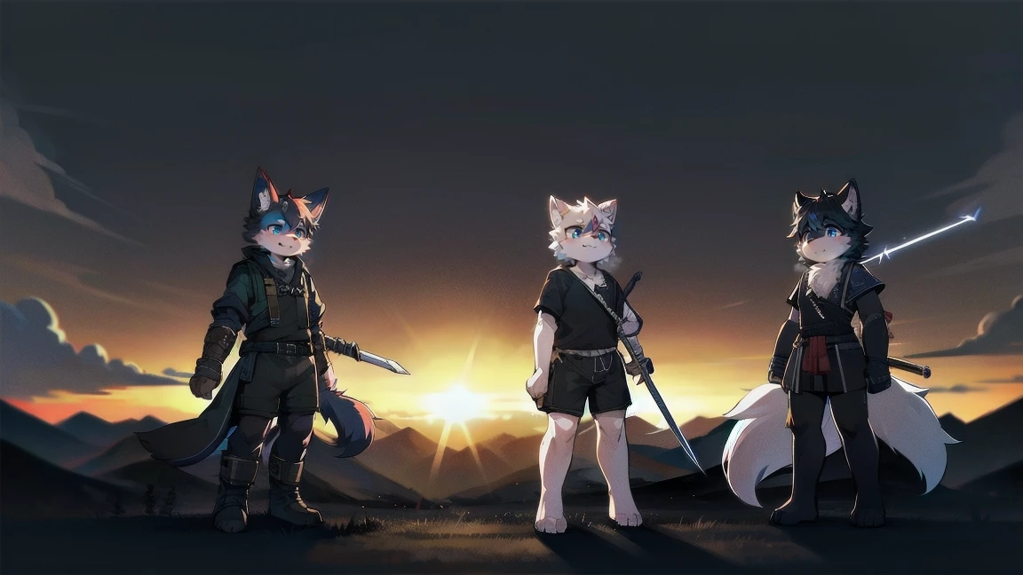 White Wolf,black hair,Sky blue eyes,hairy,Wolf ears,Wolf tail,Full body portrait,The character is in the center of the frame,Handsome,Confident eye***but,juvenile,Black and white combat uniform,Red neck bib,Black shorts,Short sleeve,hairy arms and legs,Dark background,Dark battlefield,dawn,sunrise,dawn,illumination,shadow,Swordsman,Scabbard and Hold the hilt of a in your hand,The scabbard is at the waist,Highest quality,A tall stature