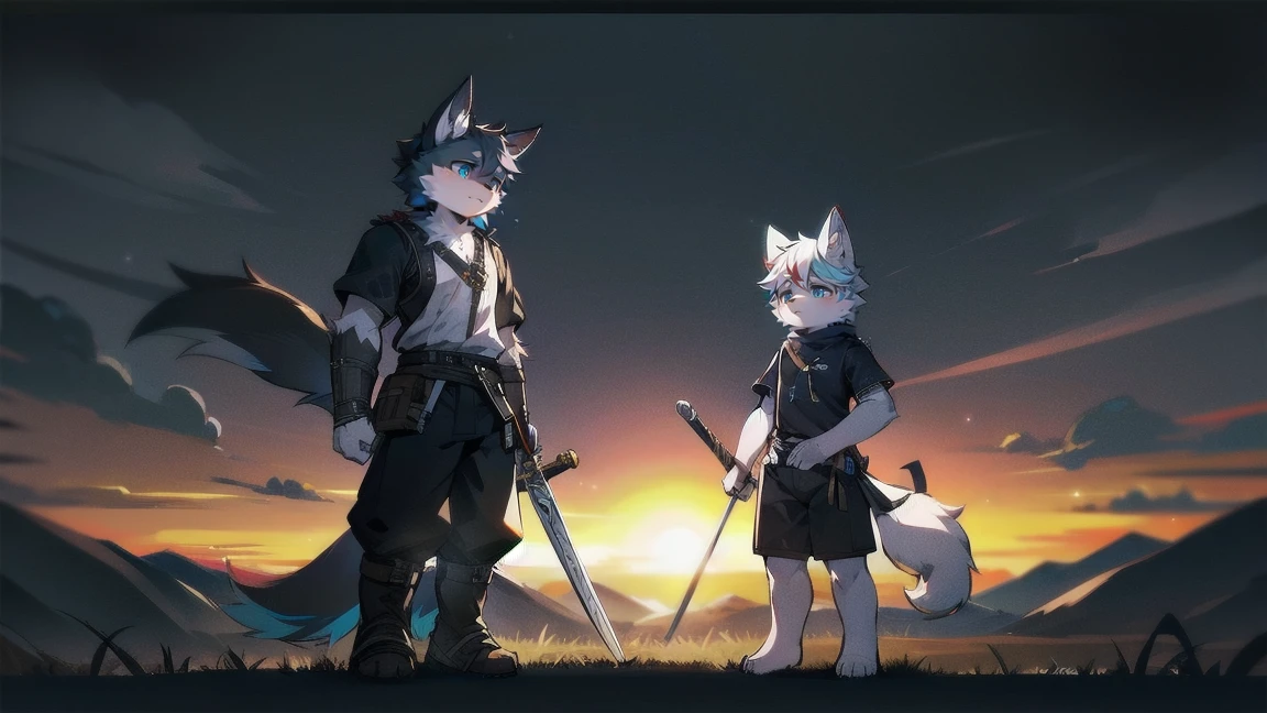 White Wolf,black hair,Sky blue eyes,hairy,Wolf ears,Wolf tail,Full body portrait,The character is in the center of the frame,Handsome,Confident eye***but,juvenile,Black and white combat uniform,Red neck bib,Black shorts,Short sleeve,hairy arms and legs,Dark background,Dark battlefield,dawn,sunrise,dawn,illumination,shadow,Swordsman,Scabbard and Hold the hilt of a in your hand,The scabbard is at the waist,Highest quality,A tall stature
