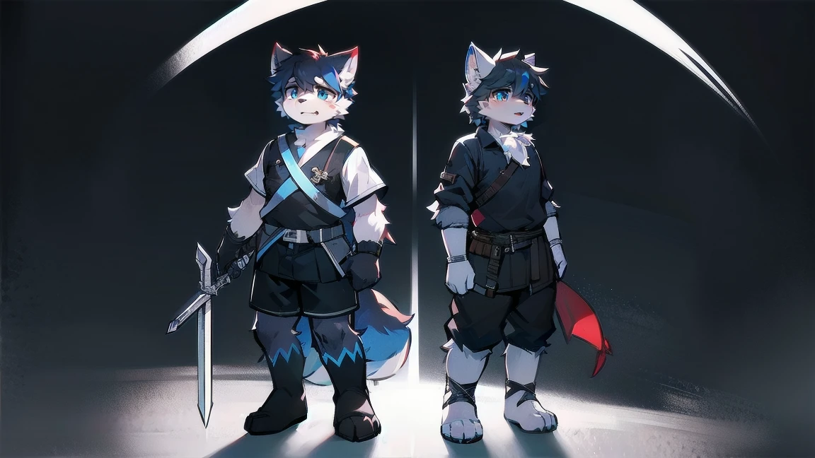 White Wolf,black hair,Sky blue eyes,hairy,Wolf ears,Wolf tail,Full body portrait,The character is in the center of the frame,Handsome,Confident eye***but,juvenile,Black and white combat uniform,Red neck bib,Black shorts,Short sleeve,hairy arms and legs,Dark background,Dark battlefield,dawn,sunrise,dawn,illumination,shadow,Swordsman,Scabbard and Hold the hilt of a in your hand,The scabbard is at the waist,Highest quality,A tall stature
