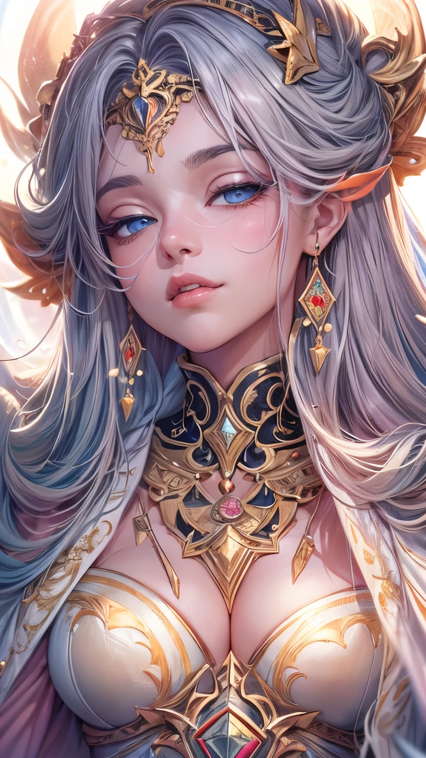 8K resolution, masterpiece, Highest quality, Award-winning works, unrealistic, From above, erotic, Only sexy women, healthy shaped body, 22 years old, Black Mage, Height: 165cm, huge firm bouncing busts,, Silvery long wavy hair, Detailed facial depiction, break, Mysterious blue eyes, Standard nose, eyeliner, Pink Lips, Sexy long legs, Transparent muscle, holy knight, Gothic ruffle long dress, A dress with a complex structure, Seven colourful dresses, Clothed in flames, royal coat of arms, elegant, Very detailed, Delicate depiction of hair, Miniature Painting, Digital Painting, artステーションコンセプトart, Smooth, Sharp focus, shape, artジャム、Greg Rutkowski、Alphonse Mucha、William Adolphe Bouguereau、art：Stephanie Law , Royal Jewel, nature, Symmetric, Greg Rutkowski, Charlie Bowwater, unrealistic, Surreal, Dynamic Lighting, ファンタジーart, Complex colors, Colorful magic circle, flash, dynamic sexy pose, A kind smile, Mysterious Background, aura, A gentle gaze, break, Small faint lights and flying fireflies, night, lanthanum, 山の頂From above下界を見下ろす, Starry Sky, milky way, nebula, shooting star, A sacred staff that emits a brilliant light, Back view, Facing the camera