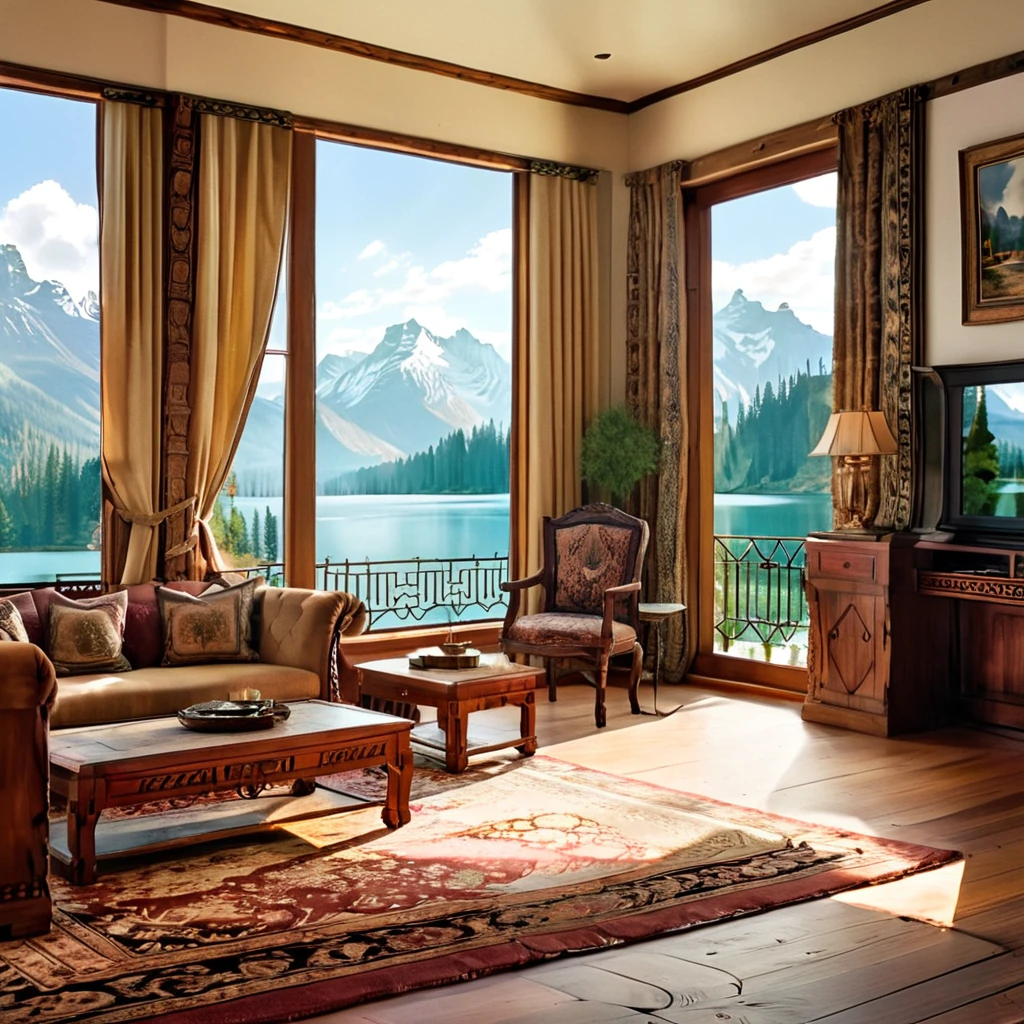 A vintage-inspired living room with a breathtaking view of a peaceful mountain lake. The space is decorated with classic wooden furniture, ornate rugs, and elegant drapery. The room's color scheme features rich, warm hues that complement the natural surroundings, and large windows allow for an abundance of natural light, enhancing the room's charm and sophistication