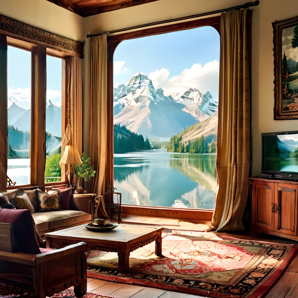 A vintage-inspired living room with a breathtaking view of a peaceful mountain lake. The space is decorated with classic wooden furniture, ornate rugs, and elegant drapery. The room's color scheme features rich, warm hues that complement the natural surroundings, and large windows allow for an abundance of natural light, enhancing the room's charm and sophistication