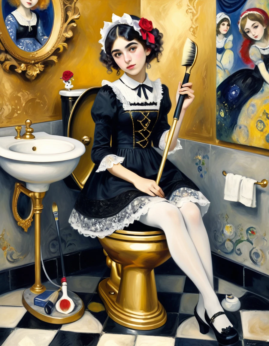 A plumber girl is sitting on a gold baroque toilet bowl, holding a brush, gothic lolita, cute, 1girl, solo, full body, black dress, absurdres, white lace,((Marc Chagall style)), magical naive art, primitivism, protogenes,((Best quality, masterpiece)),
(Higher detail), Impressionism:1.1, 8k