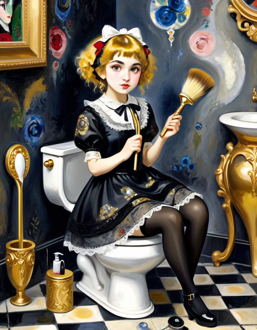 A plumber girl is sitting on a gold baroque toilet bowl, holding a brush, gothic ta, cute, 1girl, solo, full body, black dress, absurdres, white lace,((Marc Chagall style)), magical naive art, primitivism, protogenes,((Best quality, masterpiece)),
(Higher detail), Impressionism:1.1, 8k