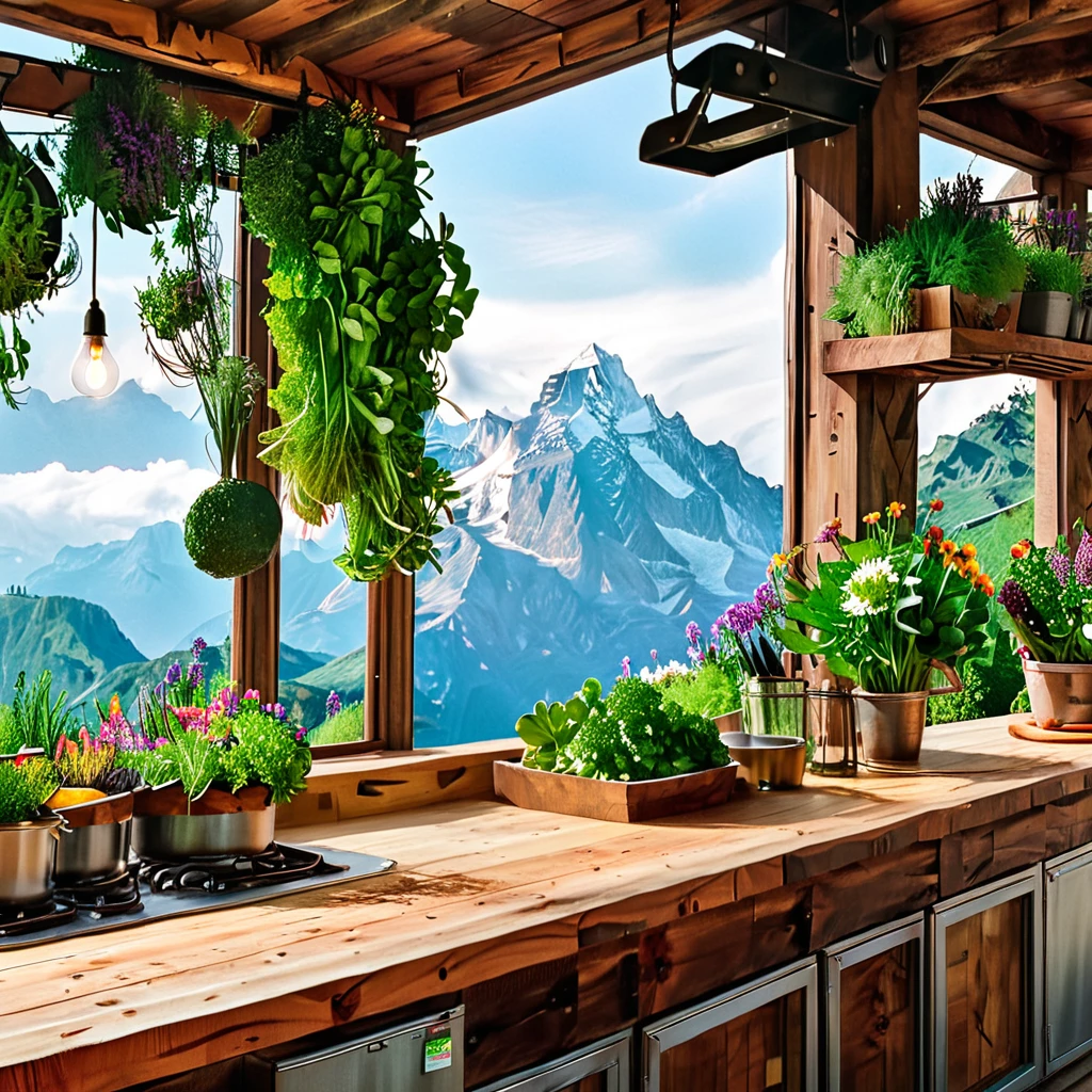 An outdoor rustic kitchen with a breathtaking mountain view. The design features wooden countertops, an abundance of fresh vegetables and herbs, and hanging Edison bulb lights. The kitchen is surrounded by lush greenery and colorful flowers, creating a warm and inviting atmosphere perfect for outdoor cooking and dining