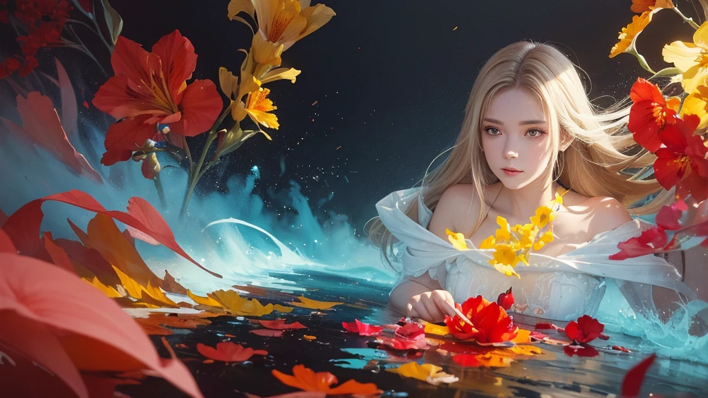32k, Masterpiece, Highest quality, One girl, Detailed eyes, flower,gladiolus, Yellow and red style,A dreamy, romantic piece,Pale yellow, Mysterious Leaves,A playful arrangement,Fantasy,High Contrast,Ink strokes,explosion,Exposure, Impression of light blue and red tones,Abstract,((Watercolours by John Berkey and Jeremy Mann )) Brush strokes,Negative Space, Tyndall effect,
