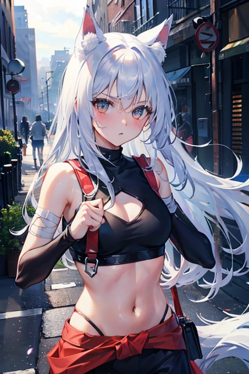 Street Brawler,Wolf Girl,His fist was wrapped in a bloody bandage,His gaze was sharp.,whole body,Her chest is covered with bandages