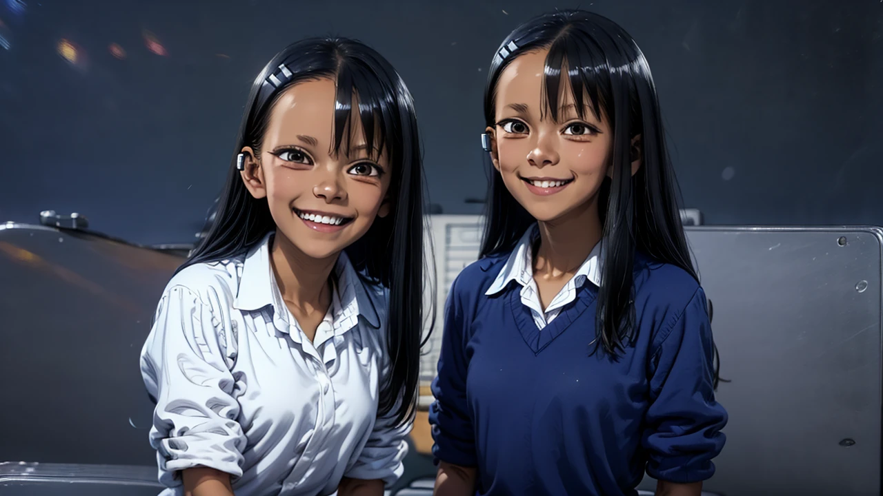 Beautiful high school girl, long black hair with purple glitter, wearing a very elegant black suit with a silver briefcase with a mocking smile.