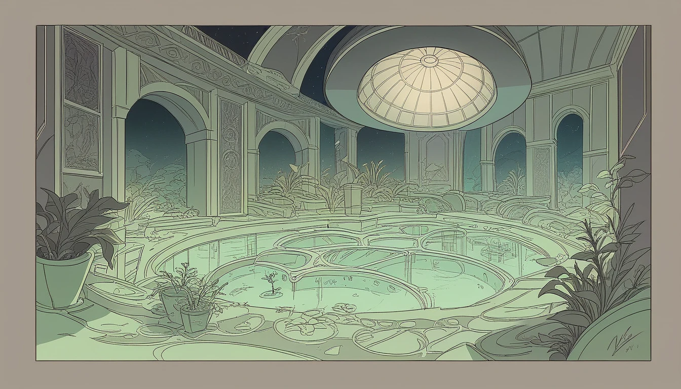 scene of aquarium, 3 people, tranquil , night, 10pm moonlight, glow, scenery concept art, overgrowth. by Renoir , relaxing concept art, traditional classic concept art, a beautiful artwork illustration. high detail, background art, detailed concept art, environment design illustration, concept art highly detailed