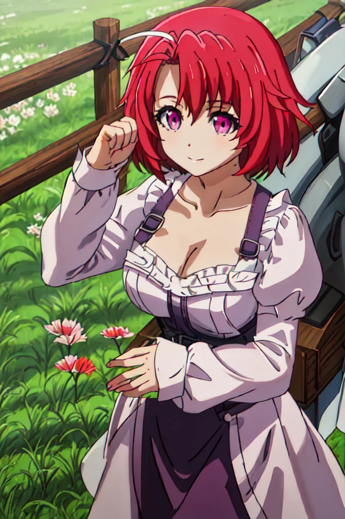 best quality, masterpiece, highres, solo, {maid:1.40}, {long maid dress:1.15}, {cow_girl_goblinslayer:1.15}, short_hair, red_hair, pink_eyes, purple_eyes, collarbone, breasts