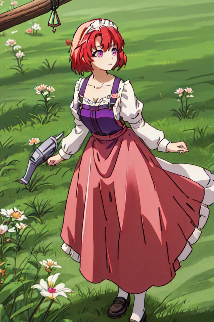 best quality, masterpiece, highres, solo, {maid:1.40}, {long maid dress:1.15}, {cow_girl_goblinslayer:1.15}, short_hair, red_hair, pink_eyes, purple_eyes, collarbone, breasts
