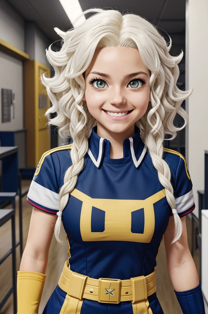 Captura de pantalla de my hero academia.
Girl with long wavy lemon hair, He has black eyes and has a happy expression., lleva puesto el uniforme de la UA