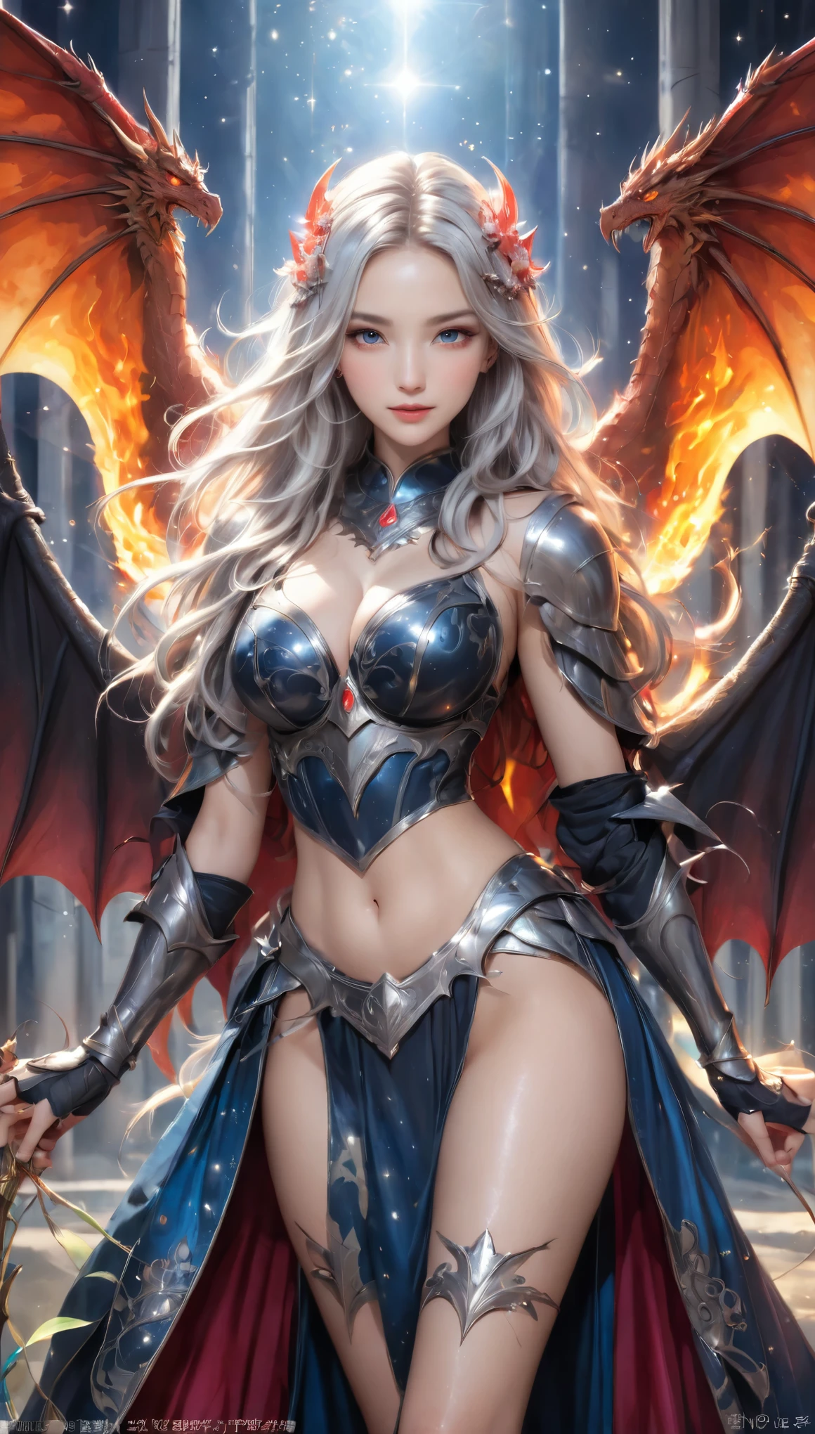 8K resolution, masterpiece, Highest quality, Award-winning works, unrealistic, From above, erotic, sole sexy lady, healthy shaped body, 22 years old, dark knight, 170cm tall, huge firm bouncing busts,, white silver long wavy hair, Detailed facial depictions, Break, Mysterious blue eyes, Standard nose, Eyeliner, pink lips, sexy long legs, Clear skin, knight, A holy sword that emits seven-colored light, Gothic armor, Complex structure of armor, Seven-colored colorful armor, Clothed in flames, Phoenix Crest, elegant, Very detailed, Delicate depiction of hair, miniature painting, Digital Painting, artステーション, コンセプトart, Smooth, Sharp focus, shape, artジャム、Greg Rutkowski、Alphonse Mucha、William Adolphe Bouguereau、art：Stephanie Law , Royal Jewel, nature, Symmetric, Greg Rutkowski, Charlie Bowwater, Unreal, Surreal, Dynamic Lighting, ファンタジーart, Complex colors, Colorful magic circle, flash, dynamic sexy poses, A kind smile, Mysterious Background, Aura, A gentle gaze, BREAK, Small faint lights and flying fireflies, night, lanthanum, 山の頂From above下界を見下ろす, Starry Sky, milky way, nebula, shooting star,, (Back view, Looking back towards the camera:1.3), dragons