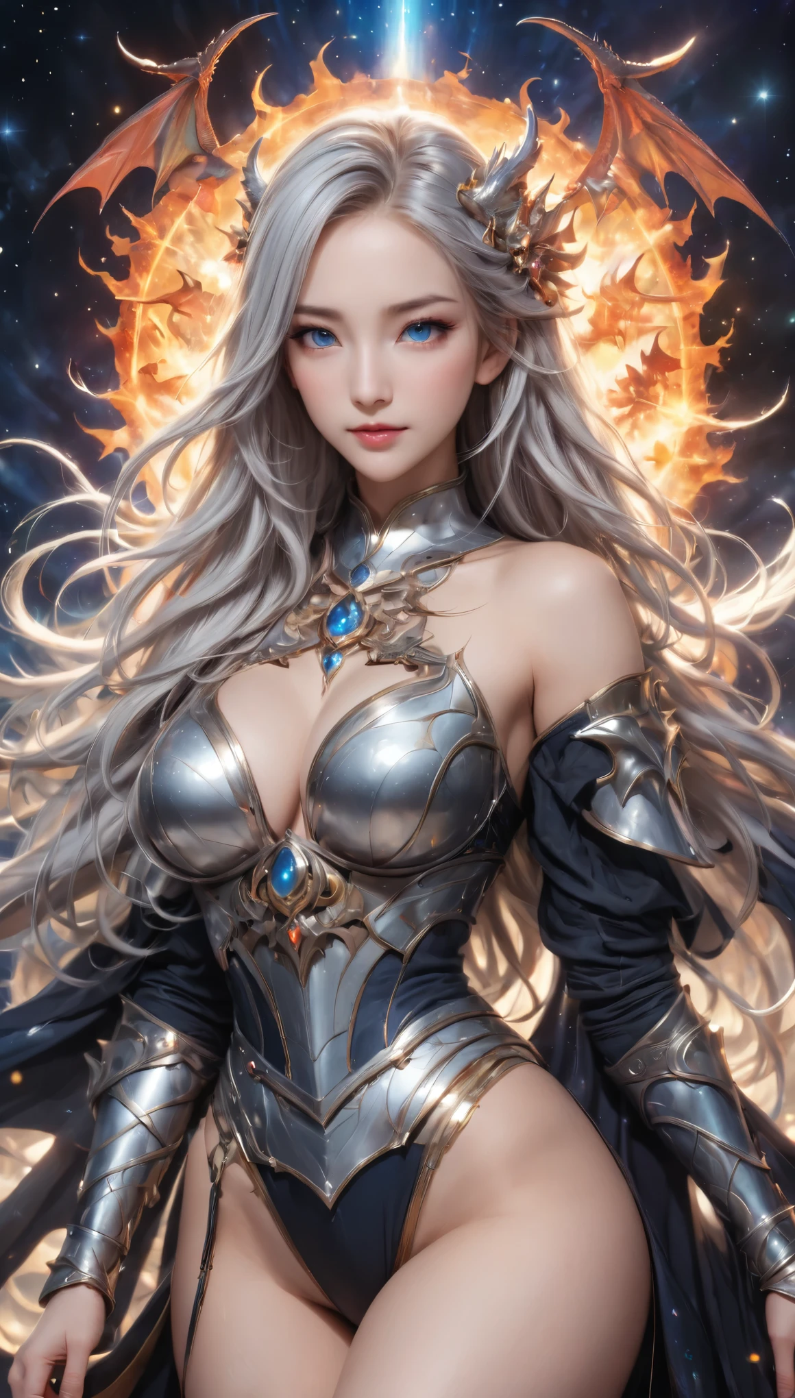 8K resolution, masterpiece, Highest quality, Award-winning works, unrealistic, From above, erotic, sole sexy lady, healthy shaped body, 22 years old, dark knight, 170cm tall, huge firm bouncing busts,, white silver long wavy hair, Detailed facial depictions, Break, Mysterious blue eyes, Standard nose, Eyeliner, pink lips, sexy long legs, Clear skin, knight, A holy sword that emits seven-colored light, Gothic armor, Complex structure of armor, Seven-colored colorful armor, Clothed in flames, Phoenix Crest, elegant, Very detailed, Delicate depiction of hair, miniature painting, Digital Painting, artステーション, コンセプトart, Smooth, Sharp focus, shape, artジャム、Greg Rutkowski、Alphonse Mucha、William Adolphe Bouguereau、art：Stephanie Law , Royal Jewel, nature, Symmetric, Greg Rutkowski, Charlie Bowwater, Unreal, Surreal, Dynamic Lighting, ファンタジーart, Complex colors, Colorful magic circle, flash, dynamic sexy poses, A kind smile, Mysterious Background, Aura, A gentle gaze, BREAK, Small faint lights and flying fireflies, night, lanthanum, 山の頂From above下界を見下ろす, Starry Sky, milky way, nebula, shooting star,, (Back view, Looking back towards the camera:1.3), dragons