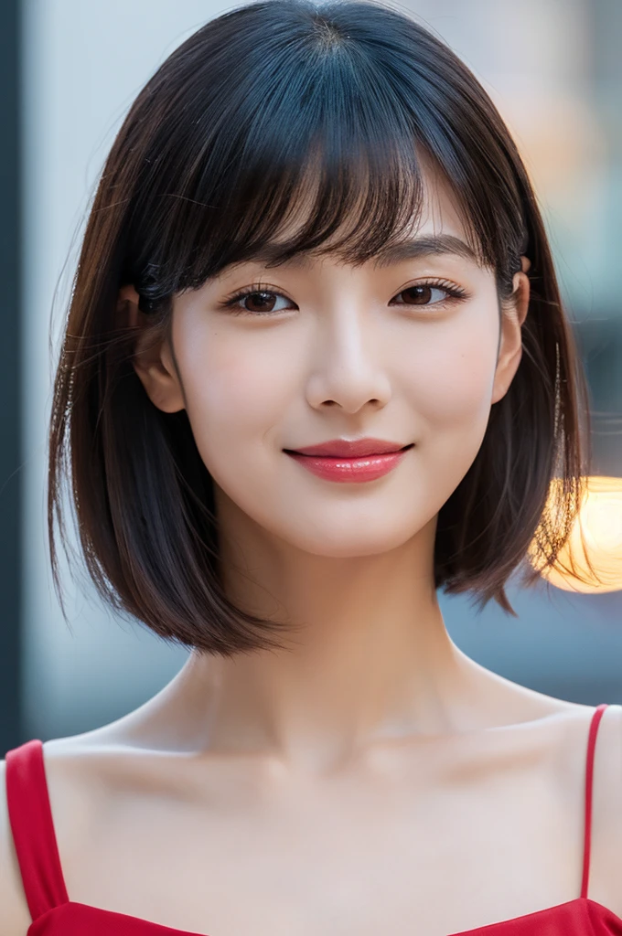 (masterpiece, Highest quality, High resolution)), Japanese female 1 person, (Realistic: 1.4), Night city background, whole body,Mouth closed, Smile, Beautiful black hair, Short Bob, Slit eyes, Transparent double eyelids, eyelash, Listen carefully, Absolute area, ((Face close-up)), (Draw the whole head, shoulder), 55 years old, Attractive proportions, Shiny skin, Beautiful collarbone, A face of golden proportions, Perfect Face, Teardrop-shaped moles, Mole on chest, bangs, clean bangs, beautiful bangs, Deep red lipstick, Thin lips, Pale skin, Small face, All the heads are painted, shoulder all drawn, Look slightly up and into the camera,Wearing earrings