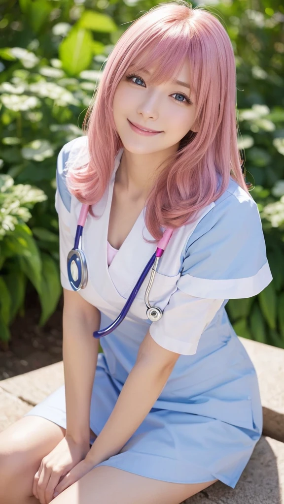 leaning forward, ボタンを外して, ベッド, Show me the cleavage, 体から上を写して, (photo Practical:1.4), (hyper Practical:1.4), (Practical:1.3), (Smoother lighting:1.05), (Improving the quality of film lighting:0.9)、Natural light、Professional photos, Practical portrait,(1 female), pink hair, Medium Length Hair, Beautiful face and eyes, very cute face, Smile, vitality, vitality, (Real short nurse uniform:1.2), light pink, White, (Chest Nurse:1.4), (Ward), stethoscope, White Wallpaper, Sexy girl portrait, (view from below:1.2)
, One Girl, hoshino (Blue Archive), alone, Heterochromia of the iris, Long Hair, Ahoge, hello, valley, Big Breasts,Show Viewer, ID card, Open your mouth, very Long Hair, smile, bangs, blush, Hair between the eyes, High resolution,masterpiece, Highest quality,Adjust the proportions of your fingers