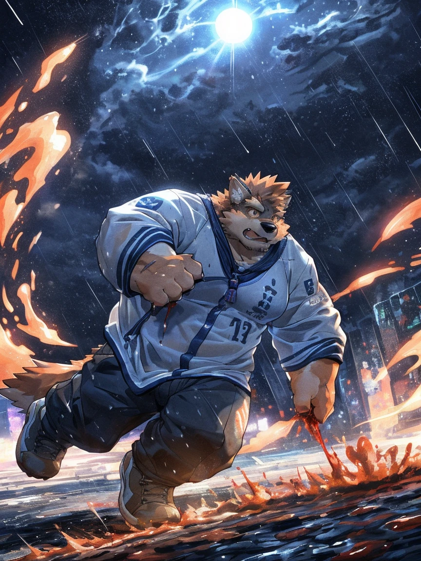 human nature, Wildlife, male,18 years old， solitary, ((Round Face, The face is plump,Orange eyes,Thick orange hair，With scars)), ((Endomorph, Handsome，Hot Blood)), (Sportswear，Light blue and white coat，Wear a sports cap), ((domestic 犬, Dog Orc，) Fluffy fur, Fluffy), Bokeh, (high quality, high resolution, masterpiece), (Dynamic Lighting, Vibrant colors，Natural fill light), (Revitalize，harm，Disdain，aggressive), Full body picture (close up), cartoon, author：Takemoto Arashi, From zixiong, By Chunni, author：Empty Ghost，（background：Raining dead city）