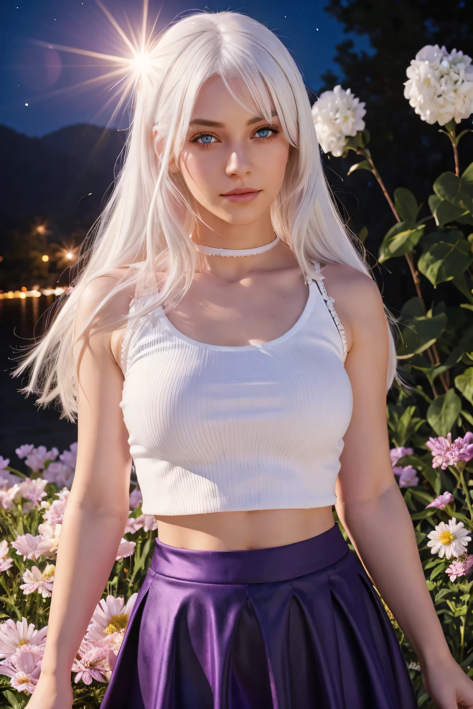 realistic, 1girl, white hair, purple eyes, glowing eyes, crop top, skirt, parted lips, blush, night, flowers, sun, sunlight,