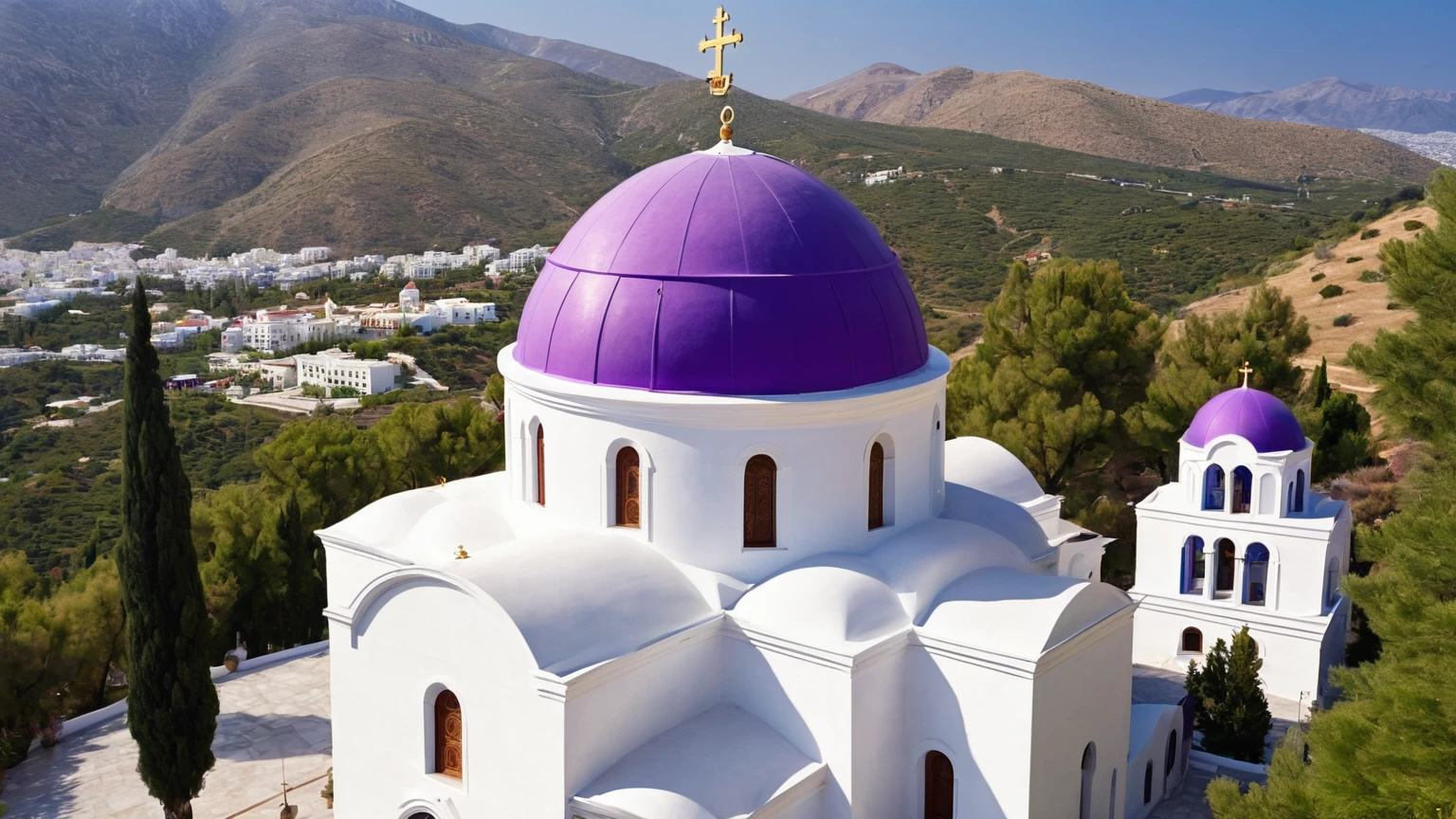 exterior façade of a white Greek Orthodox cathedral with a large purple dome, mountains, trees, daylight, near a city valley, background