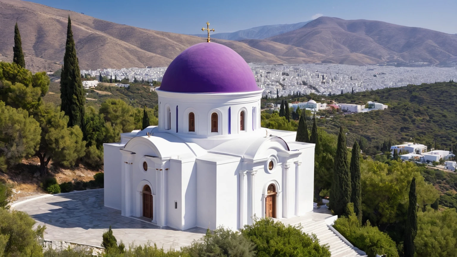 exterior façade of a white Greek Orthodox cathedral with a large purple dome, mountains, trees, daylight, near a city valley, background