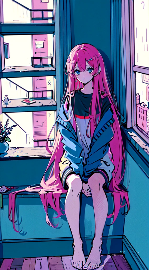 (masterpiece:1.5, best quality:1.5), ((VaporWave style, partially coloring)), close-up, from above, cinematic angle,
1girl, Look tired, long_hair, solo, in bedroom, dolls were in a mess, decadent life,
pole outside the window, sunset outside the window, street outside the window, the sunset outside the window,