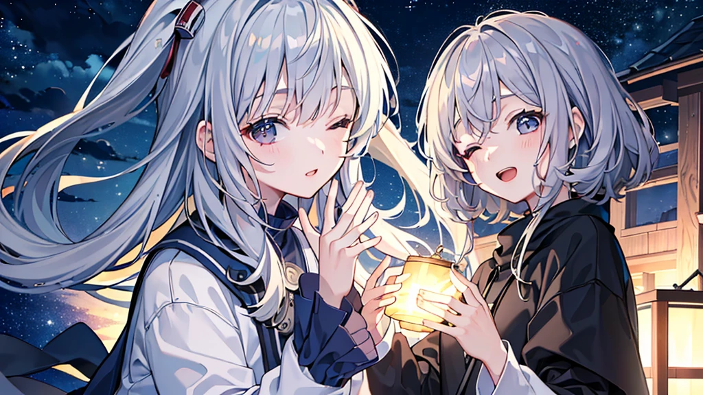 ((Highest quality、8K、masterpiece:1.3))、room、Night Sky、One Woman、Gray Hair、Praying、Eyes closed