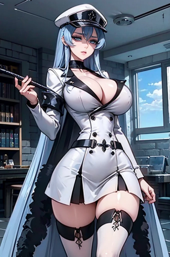 Esdeath, a tall and powerful female general with long blue hair, dressed in a white military uniform. She wears a white military hat with the empire's symbol, a long white coat with high collar draped over her shoulders, a tight white shirt, a short white skirt, and black stockings paired with knee-high black boots. She stands confidently with a whip in one hand and ice shards floating around her. Her piercing blue eyes reflect a mixture of dominance and seduction. Behind her, the dark and cold dungeon where she interrogates prisoners. Her uniform is partially unbuttoned, revealing her ample cleavage and toned body. The atmosphere is tense and charged with her commanding presence. (Detailed, realistic, high quality, 4K)