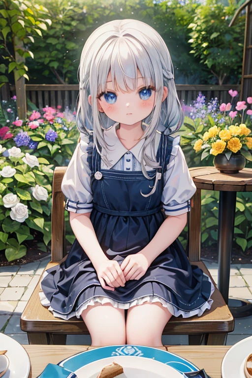 (8K, Highest quality, tableトップ:1.2)、Ultra-high resolution、, Perfect Fingers, Detailed face, blue eyes, Silver Hair, french braid, Blue Apron Dress, garden, flower bed, (table:1.5), tea , Tea cup, cake, Sit on a chair