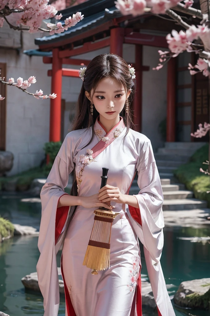 "Depict Tzuyu from Twice gracefully playing the Guzheng, adorned in an elaborate and elegant Hanfu dress. Her attire should flow with intricate, traditional patterns and vibrant colors, reflecting the cultural richness. She is positioned in a serene, ancient Chinese landscape, perhaps near a tranquil waterfall or amidst blossoming cherry trees, which enhances the mystical atmosphere. To embody Wuxia elements, Tzuyu should exude an aura of strength and serenity, with subtle hints of martial prowess. The scene could include ethereal wisps of energy swirling around her, and her expression should be focused and serene, suggesting both her mastery of the instrument and a readiness for action."