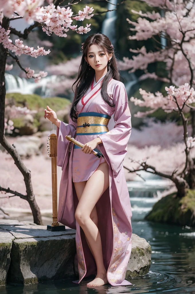 "Depict Tzuyu from Twice gracefully playing the Guzheng, adorned in an elaborate and elegant Hanfu dress. Her attire should flow with intricate, traditional patterns and vibrant colors, reflecting the cultural richness. She is positioned in a serene, ancient Chinese landscape, perhaps near a tranquil waterfall or amidst blossoming cherry trees, which enhances the mystical atmosphere. To embody Wuxia elements, Tzuyu should exude an aura of strength and serenity, with subtle hints of martial prowess. The scene could include ethereal wisps of energy swirling around her, and her expression should be focused and serene, suggesting both her mastery of the instrument and a readiness for action."