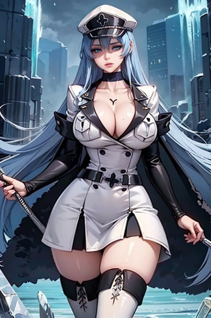 Esdeath, a tall and powerful female general with long blue hair, dressed in a white military uniform. She wears a white military hat with the empire's symbol, a long white coat with high collar draped over her shoulders, a tight white shirt, a short white skirt, and black stockings paired with knee-high black boots. She stands confidently with a whip in one hand and ice shards floating around her. Her piercing blue eyes reflect a mixture of dominance and seduction. Behind her, the dark and cold dungeon where she interrogates prisoners. Her uniform is partially unbuttoned, revealing her ample cleavage and toned body. The atmosphere is tense and charged with her commanding presence. (Detailed, realistic, high quality, 4K)
