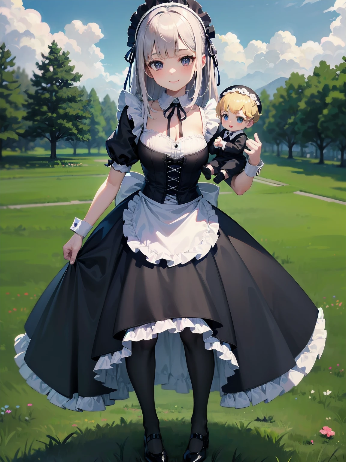((Very fine, Very fine CG Unity 8k Wallpaper, High Resolution, Absurd, Beautiful fine details, Very fine hair)), ((Masterpiece)), Outdoors, Sky, Clouds, Grass, ((Beautiful fine details)), Fashionable, One Girl, A smiling under the stars, a toddler wearing a maid hat with ruby accessories, she is wearing a white and black gothic maid dress with navy blue ribbon. Black stockings, black shoes, cute, super cute toddler maid